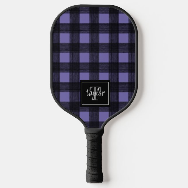 Black & Purple Buffalo Plaid Check Monogram Name Pickleball Paddle (Front)