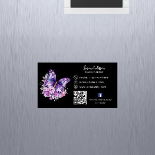 Black purple butterfly flowers QR code Facebook Magnetic Business Card