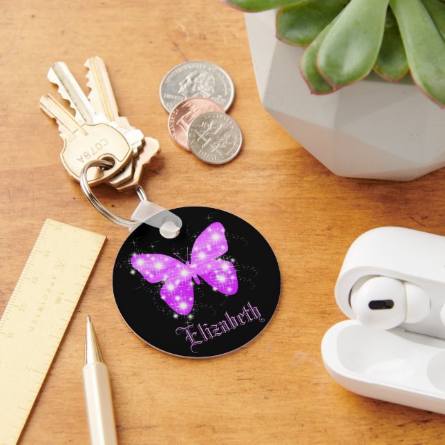 Black purple butterfly stars name key ring (Desk)