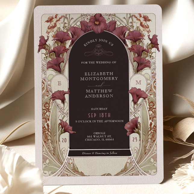 Black Purple Calla Lily Wedding Art Nouveau Mucha Invitation (Creator Uploaded)