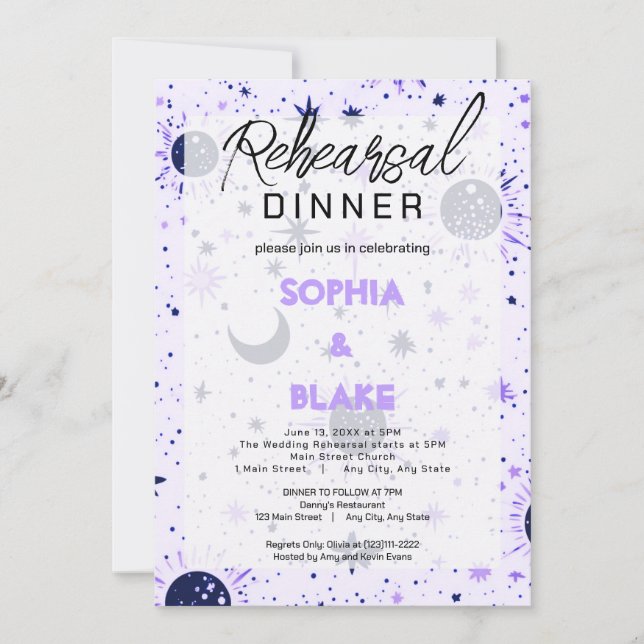 Black & Purple Celestial  Wedding Rehearsal Dinner Invitation (Front)