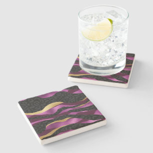 Black Purple Cheetah Leopard Black Pattern Stone Coaster