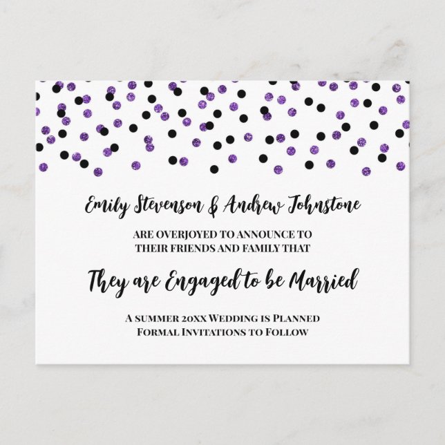 Black Purple Confetti Engagement Announcement (Front)