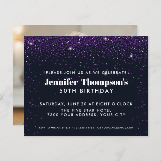 Black Purple Confetti Glitter 50th Birthday Photo (Front/Back)
