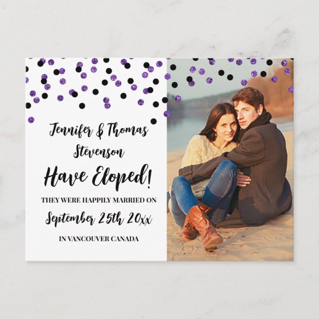 Black Purple Confetti Photo Elopement Announcement Postcard (Front)