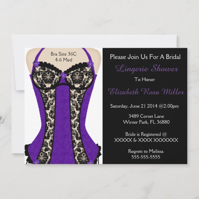 Black & Purple Corset Lingerie Shower Invite (Front)