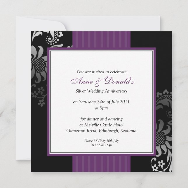 Black & Purple Damask Anniversary Party Invitation (Front)