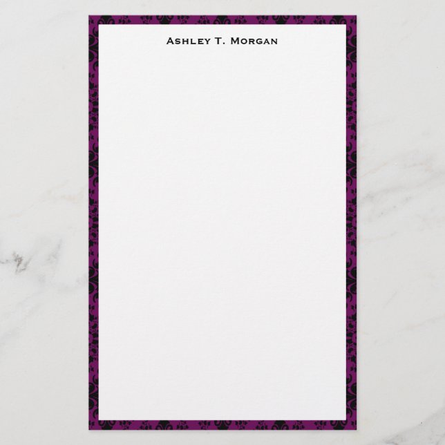 Black / Purple Damask Framed Personalised Stationery (Front)
