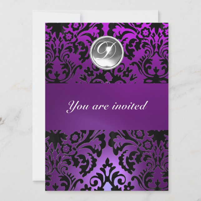 BLACK & PURPLE DAMASK GEM STONE MONOGRAM  ice Invitation (Front)