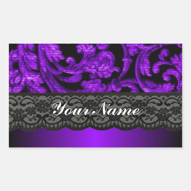 Black & purple damask rectangular sticker (Front)