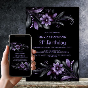 Black Purple Floral 21st Birthday Party Invitation