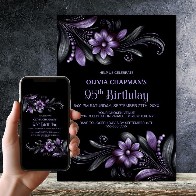 Black Purple Floral 95th Birthday Party Invitation (Creator Uploaded)