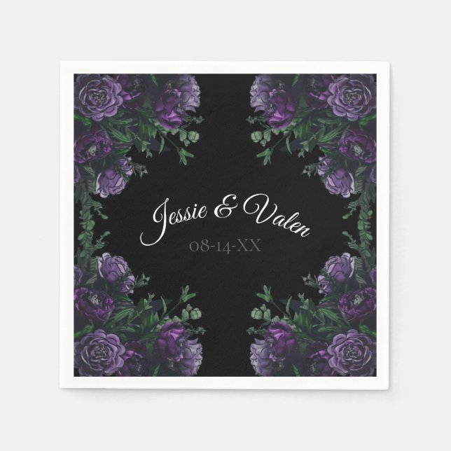 Black Purple Floral Elegant Wedding Gothic Napkin (Front)