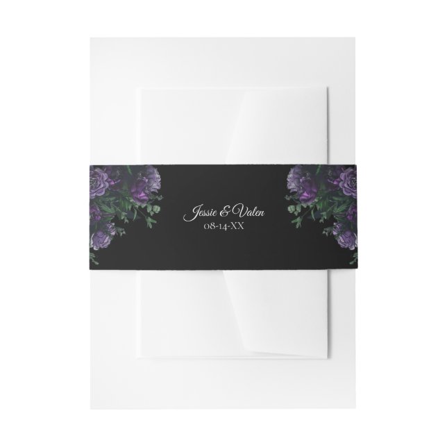 Black Purple Floral Elegant Wedding Invitation Belly Band (Front Example)