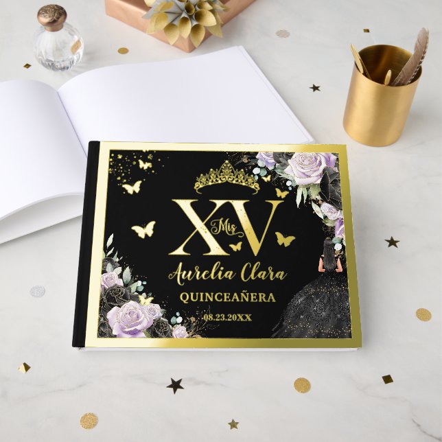Black Purple Floral Quinceañera Quince 15 XV Gold Guest Book (Front Open)