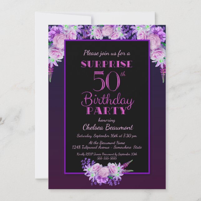 Black & Purple Floral Surprise 50th Birthday Party Invitation (Front)