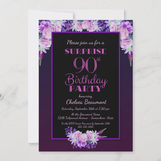 Black & Purple Floral Surprise 90th Birthday Party Invitation (Front)