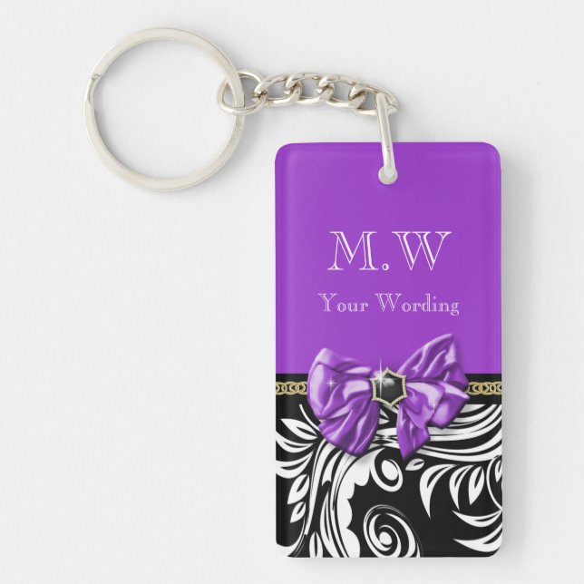 Black purple Flower swirl floral pattern Key Ring (Front)