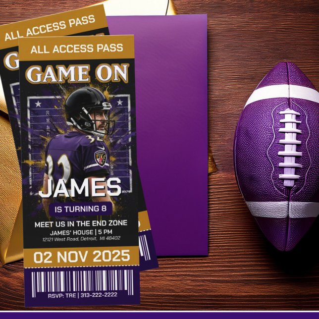 Black & Purple Football Ticket Birthday Invitation (Creator Uploaded)