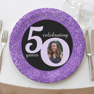 Black Purple Glitter 50 Fifty Years 50th Birthday Paper Plate