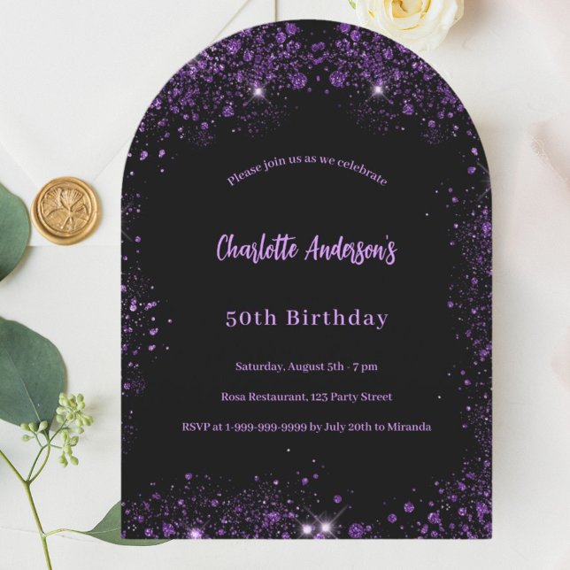 Black purple glitter birthday arch invitation (Creator Uploaded)