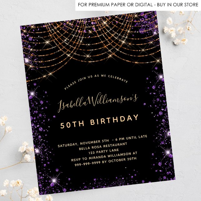 Black purple glitter birthday budget invitation (Creator Uploaded)