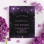 Black purple glitter birthday invitation<br><div class="desc">A girly and feminine 21st (or any age) birthday party invitation. On front: A chic black background. Decorated with dark purple faux glitter dust. Personalise and add a name and party details. The name is written with a hand lettered style script, light purple coloured letters. Back: black background and faux...</div>