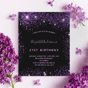 Black purple glitter birthday invitation