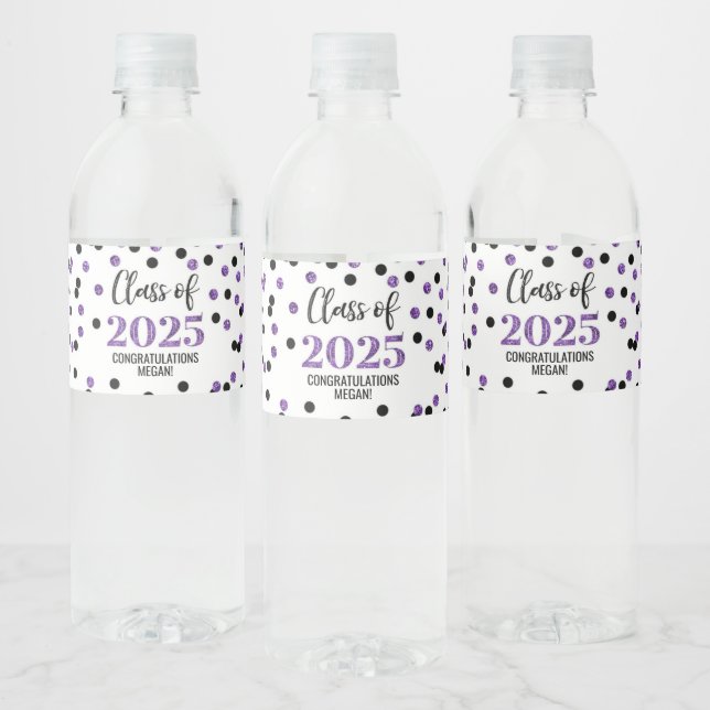 Black Purple Glitter Class of 2025 Graduation Water Bottle Label (Bottles)