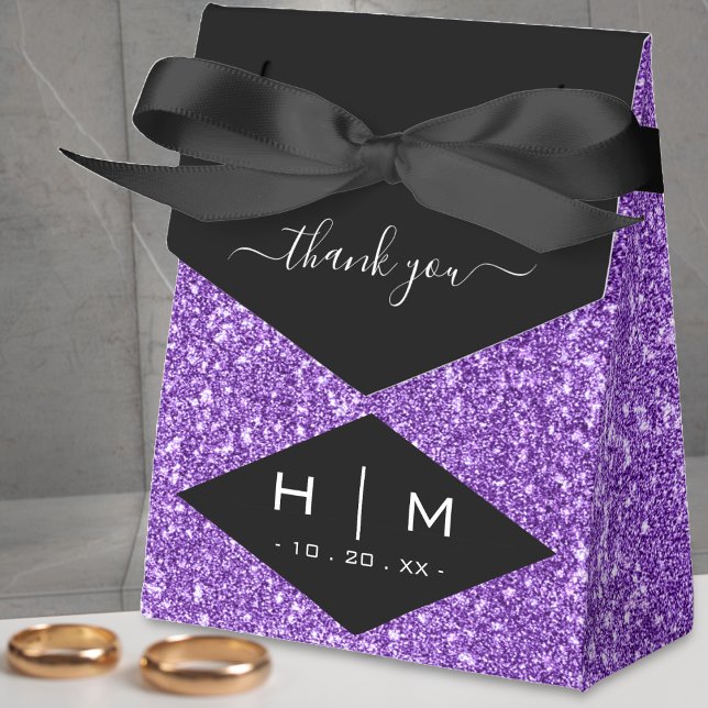 Black & Purple Glitter Cute Chic Thank You Wedding Favour Box (black and purple glitter thank you monogram favor box)