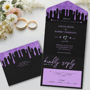 Black & Purple Glitter Drip Wedding All In One Invitation