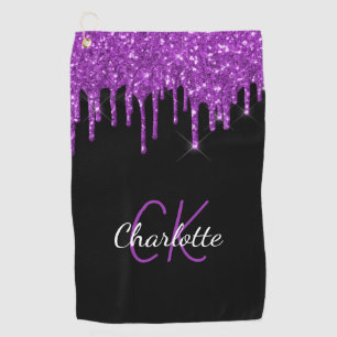 Black purple glitter drips custom monogram name golf towel