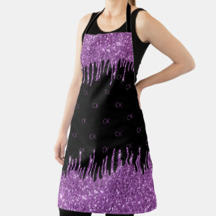 Black purple glitter drips monogram initials apron
