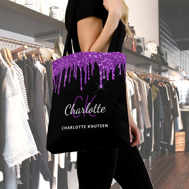 Black purple glitter drips monogram initials tote bag (Creator Uploaded)