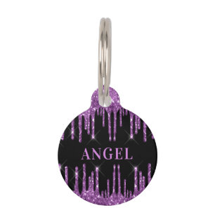 Black purple glitter drips monogram name dog pet tag