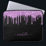 Black purple glitter drips sparkle glam name laptop sleeve<br><div class="desc">An elegant, girly and glam laptop sleeve. Purple, lavender coloured coloured faux glitter drips. A chic black background. Personalise and add a name, written with a modern hand lettered style script with swashes. Violet coloured letters. To keep the swashes only delete the sample name, leave the spaces or emoji's in...</div>