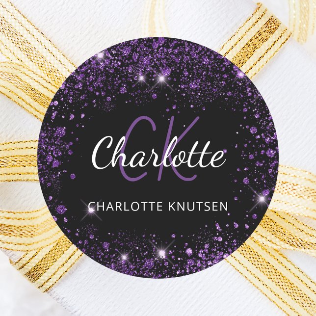 Black purple glitter dust monogram initials name  classic round sticker (Creator Uploaded)