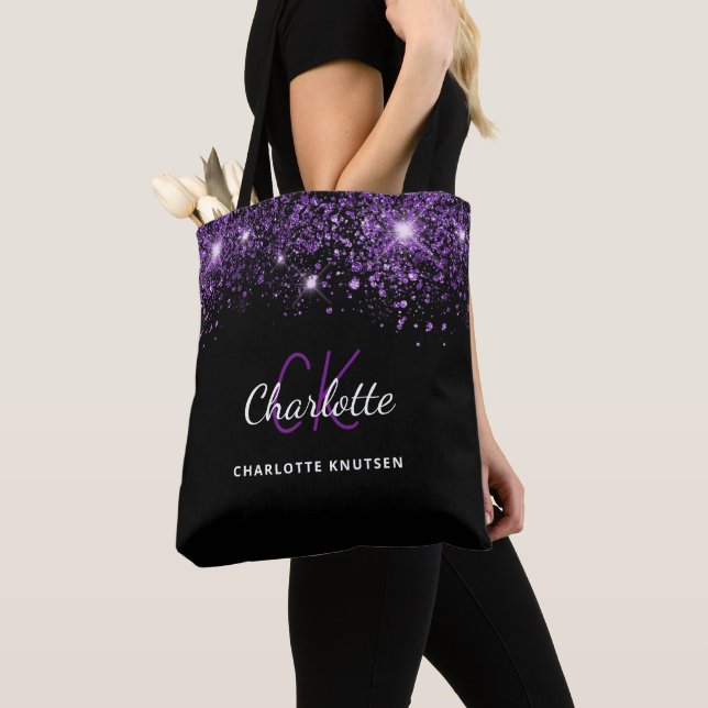 Black purple glitter dust monogram initials tote bag (Close Up)