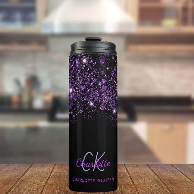Black purple glitter dust monogram name thermal tumbler (Creator Uploaded)