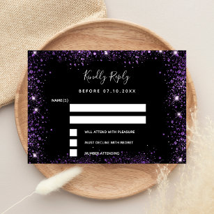 Black purple glitter elegant wedding RSVP  Card