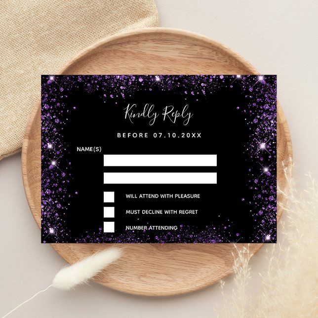 Black purple glitter elegant wedding RSVP  Card (Creator Uploaded)