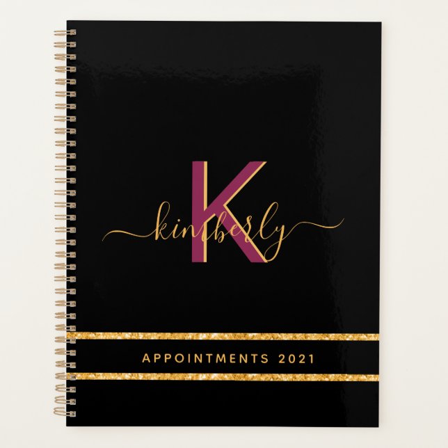 Black purple glitter gold monogram 2026 planner (Front)