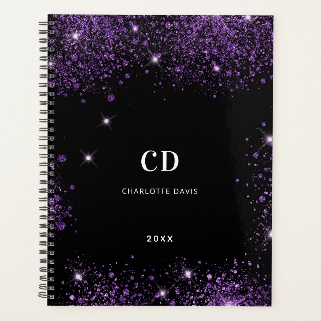Black purple glitter monogram initials 2026 planner (Front)