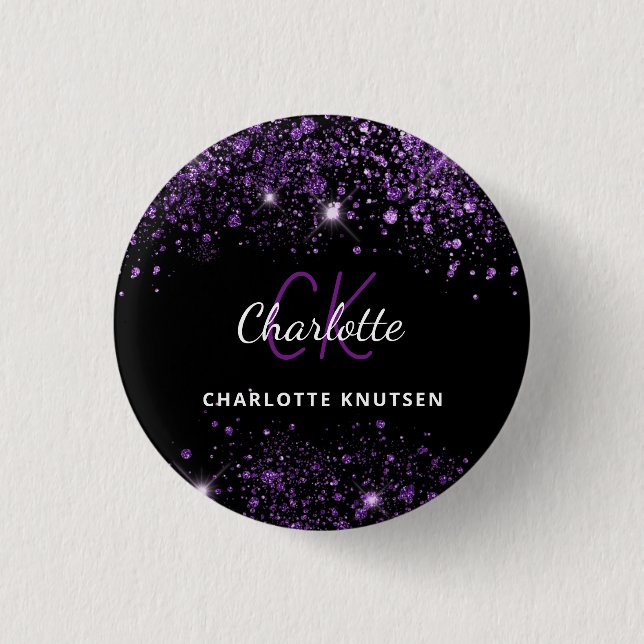 Black purple glitter monogram initials 3 cm round badge (Front)