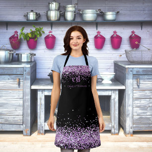 Black purple glitter monogram initials name  apron