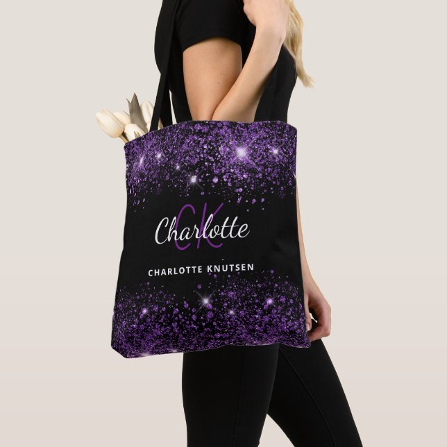 Black purple glitter monogram initials name tote bag (Close Up)