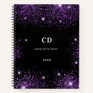 Black purple glitter monogram initials notebook