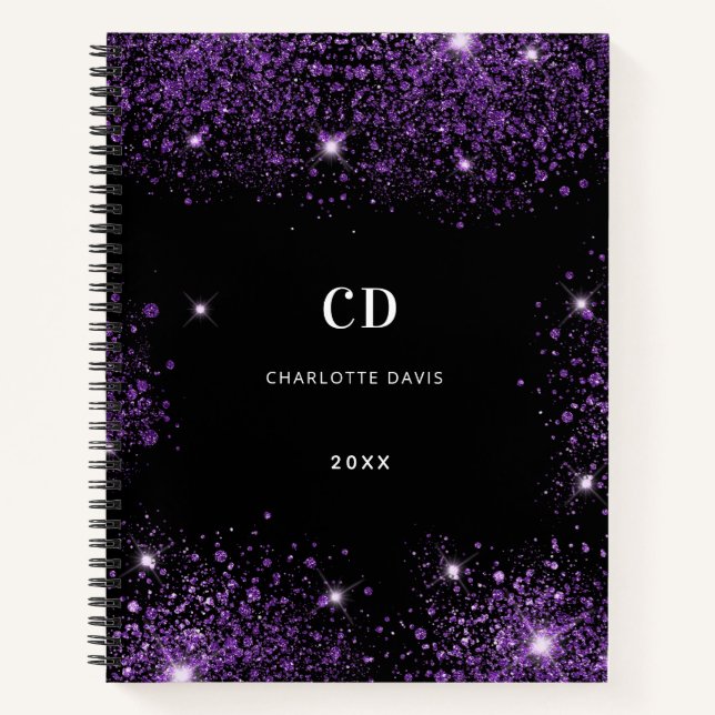 Black purple glitter monogram initials notebook (Front)