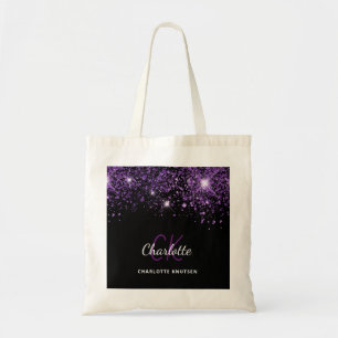 Black purple glitter monogram initials tote bag