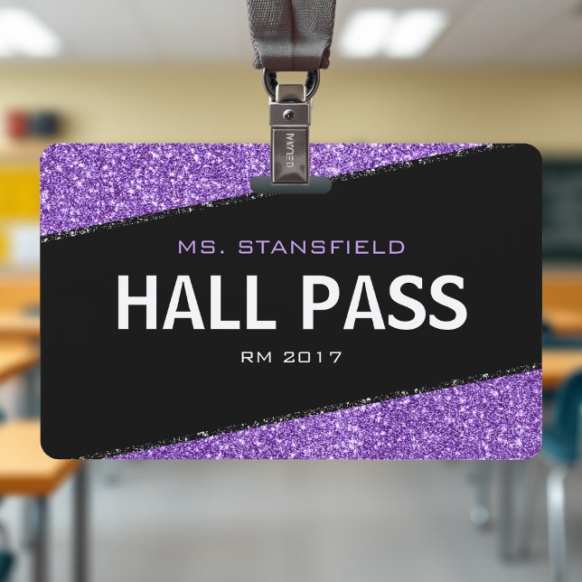 Black & Purple Glitter School Teacher Hall Pass ID Badge (Black & Purple Glitter School Teacher Hall Pass Badge
)